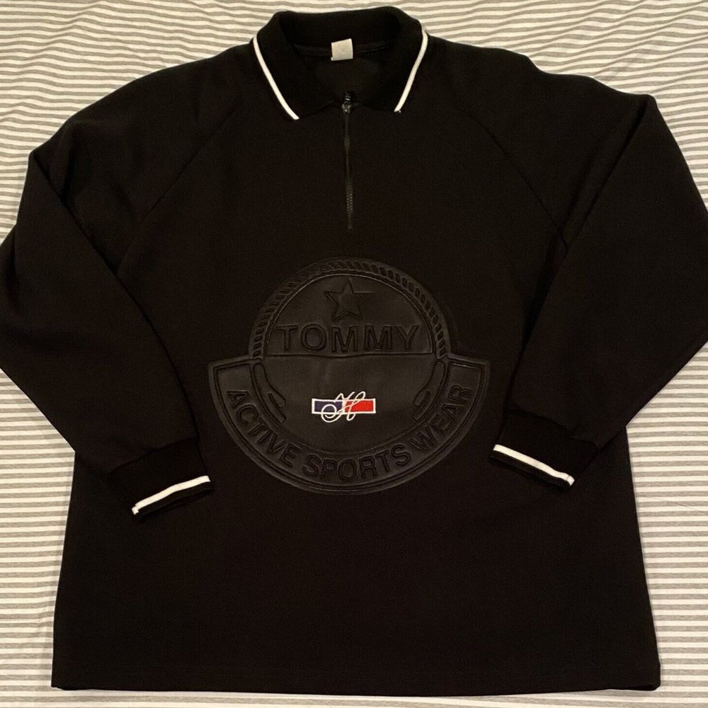 Vtg Tommy Hilfiger Black Active Sports Spell Out Pullover Shirt Sz L Embossed US